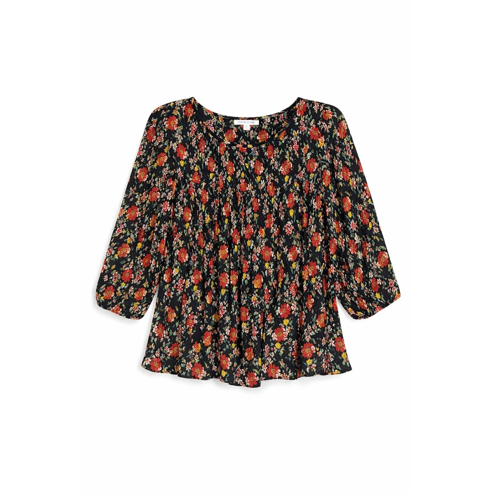 Floral & Ivy Boho Peasant Blouse Black Floral Pleated Top M Cottagecore Romantic